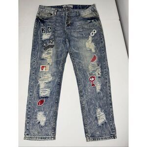 Rock Angel Women’s Acid Distressed Patch Trim Jeans Size M Button Fly